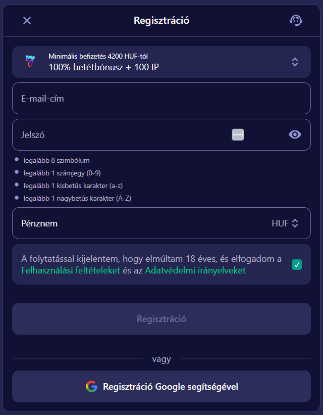 BetMatch regisztráció